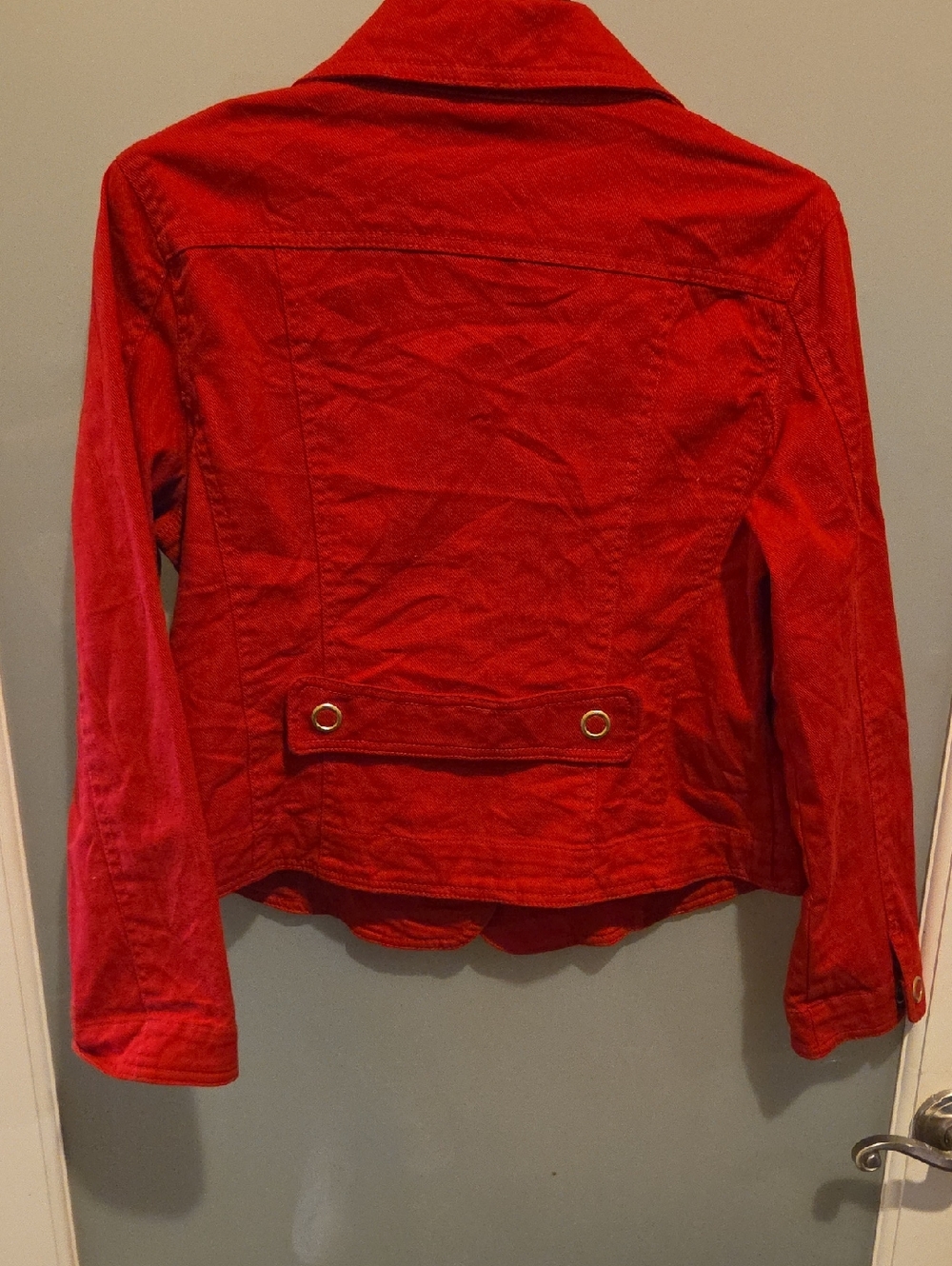 Red Button-Front Denim Jacket - Picture 3 of 3